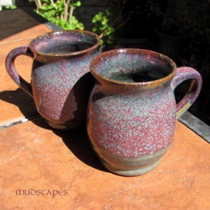 Raspberry and Blue Mugs - Mudscapes by Kathy Booker